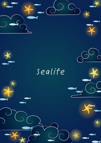 Gece gökyüzünde denizyıldızı ve yaz tatilinde dekorasyon için bulut vektör sınırı olan balık sürüsü.. - Vektör, Görsel