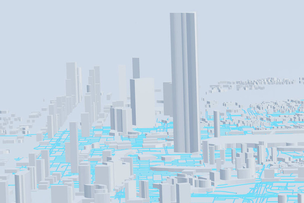 Αεροφωτογραφία-αφηρημένη φουτουριστικό μέγα τοπίο της πόλης και μητρόπολη, κτίριο αρχιτεκτονικής και ουρανοξύστης, εικόνα 3D απεικόνιση, απομονωμένο λευκό φόντο, έννοια της σύγχρονης πόλης και της τεχνολογίας - Φωτογραφία, εικόνα