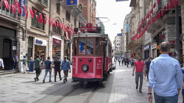 ISTANBUL, TURKEY - MAY, 22, 2019: looking towards the taksim-tunel tram in istanbul - Fotó, kép