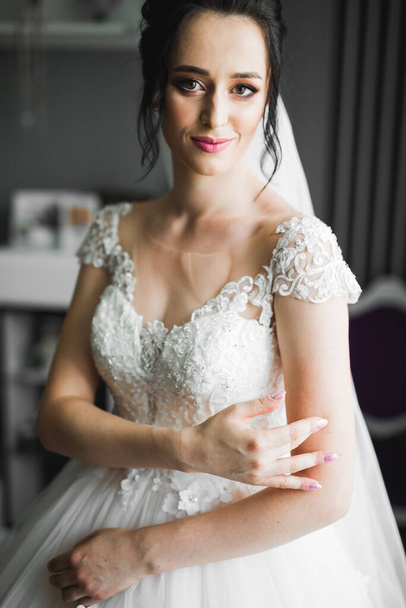 Portrait of beautiful bride with fashion veil at wedding morning - Foto, immagini