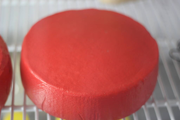 Testa di formaggio a pasta dura stagionato ricoperta da una conchiglia rossa - Foto, immagini