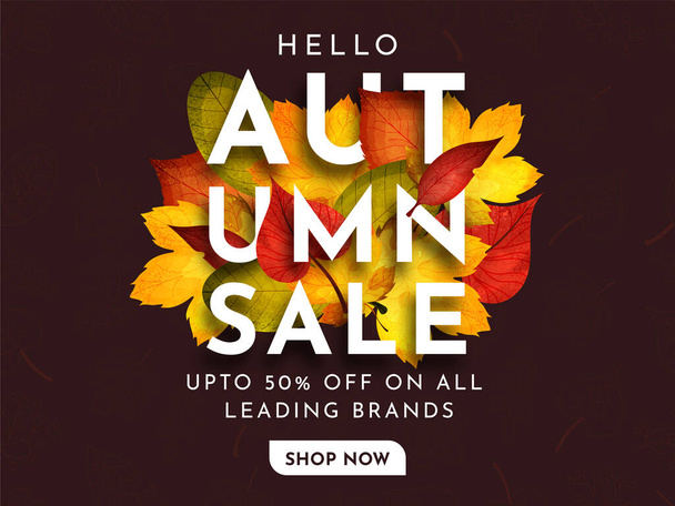 Hello autumn big discount sale on all leading brands banner, poster or web header. Illustration of realistic autumn leaves. - Vector, Image
