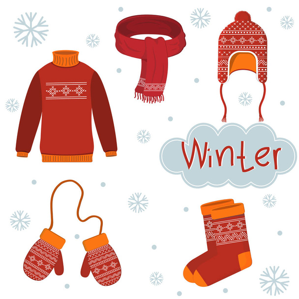 Набор теплой зимней одежды с орнаментами, цветовая векторная иллюстрация, клипарт, дизайн, украшение, баннер - Вектор,изображение