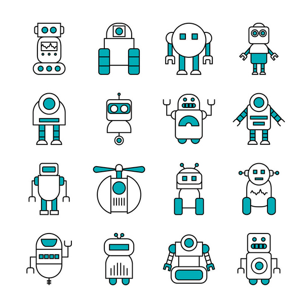 kuvake joukko robotiikka ja robotit, puoli rivi puoli väri tyyli - Vektori, kuva