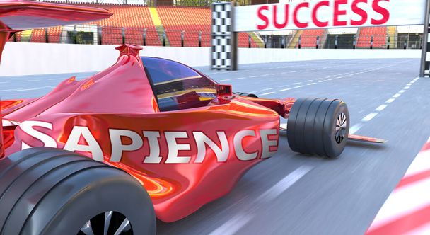 Sapience и успех - на фото: слово Sapience и автомобиль f1, символизирующее, что Sapience может помочь достичь успеха и процветания в жизни и бизнесе, 3d иллюстрация - Фото, изображение