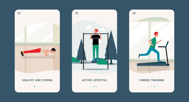 Mobile sport app interface set with cartoon people training in gym - Vektör, Görsel
