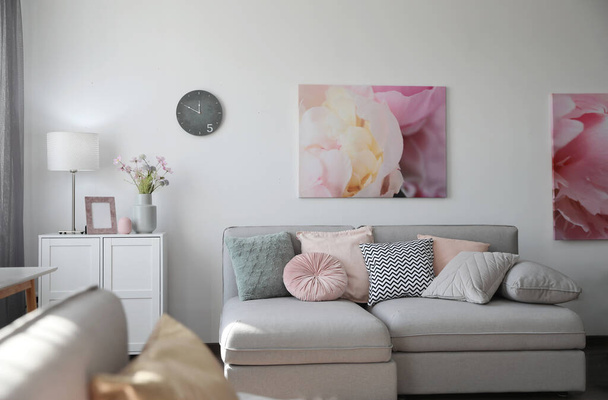 Elegant living room with comfortable sofa. Interior design - Fotoğraf, Görsel