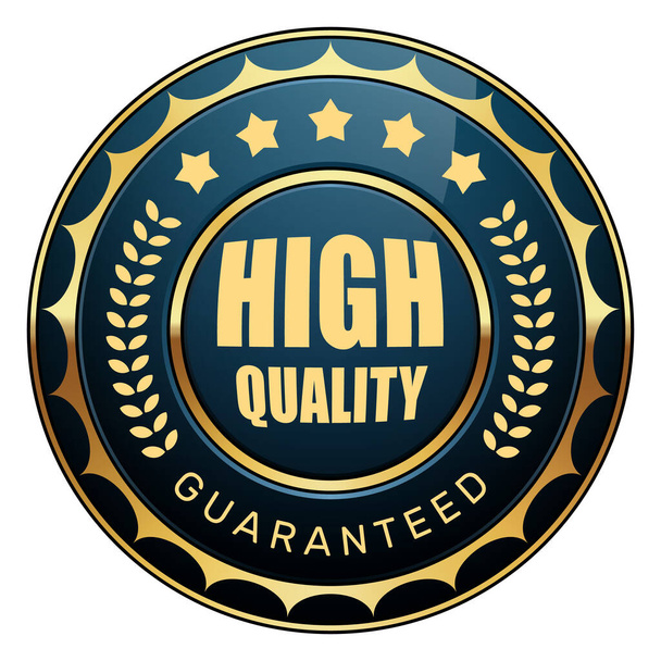 High quality guaranteed badge 5 stars laurel wreath glossy blue gold metallic logo - Vector, Image