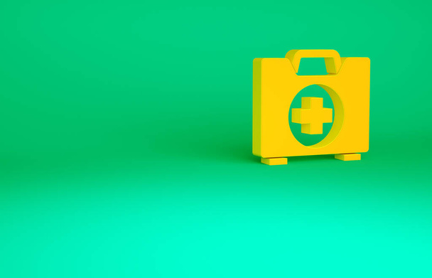 Orange First aid kit icon isolated on green background. Medical box with cross. Medical equipment for emergency. Healthcare concept. Minimalism concept. 3d illustration 3D render. - Photo, Image