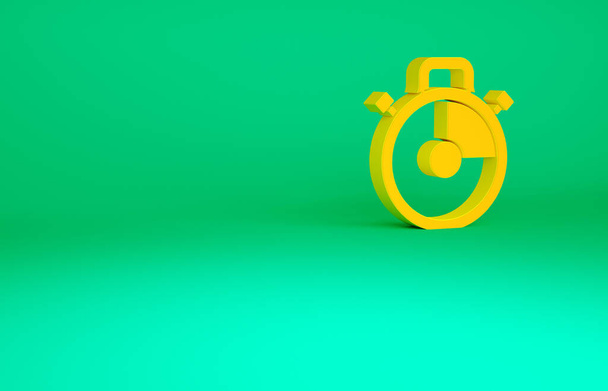 Orangefarbenes Stoppuhr-Symbol auf grünem Hintergrund. Zeitzeichen. Chronometerzeichen. Minimalismus-Konzept. 3D Illustration 3D Renderer. - Foto, Bild