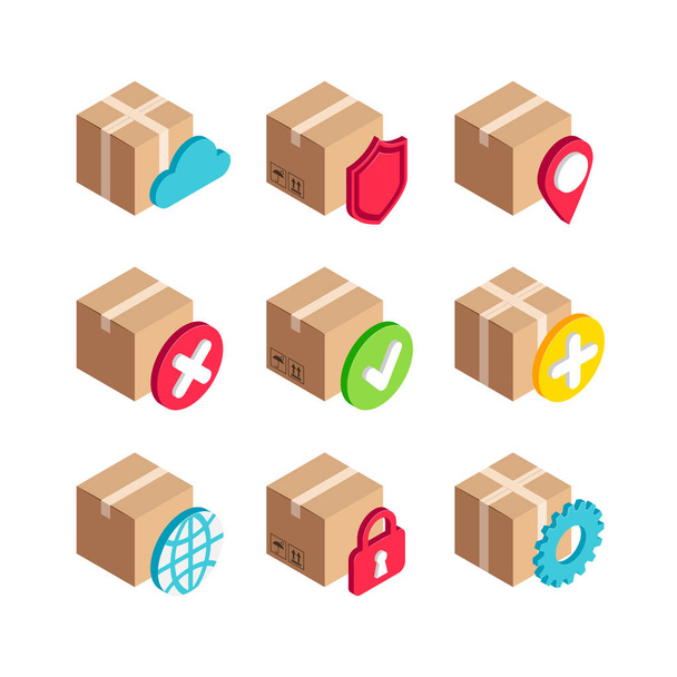 Isometric Delivery Services box icon set. 3d security, map pointer, settings, world, done and cancel symbols with cardboard box. Vector signs for design, infographics, web, mobile app, social media. - Vector, Image