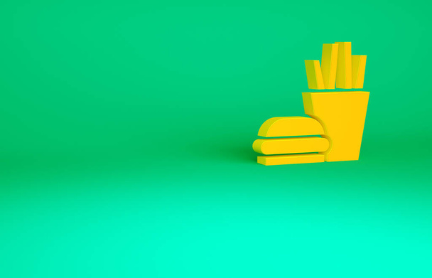 Orange Burger and french fries in carton package box icon isolated on green background. Hamburger, cheeseburger sandwich. Fast food. Minimalism concept. 3d illustration 3D render. - Foto, imagen