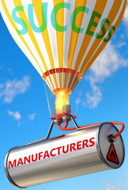 Fabricants et succès - illustré comme mot Fabricants et un ballon, pour symboliser que les fabricants peuvent aider à atteindre le succès et la prospérité dans la vie et les affaires, illustration 3D - Photo, image