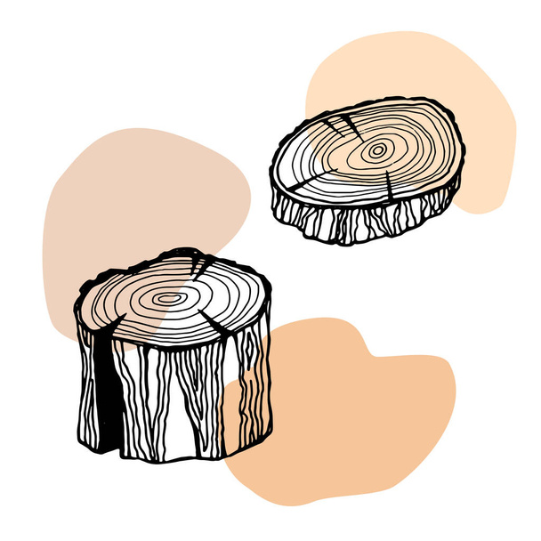 Design set with wood twigs and logs. Tree branches and stumps in hand drawn style. Ink line sketch on colourful blobs background. Vector illustration. - Vector, Image
