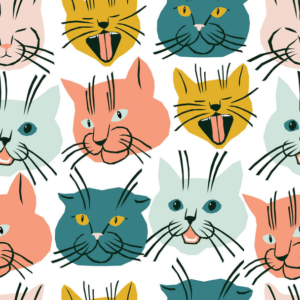 Seamless pattern with cats faces. Funny and bright vector illustration with cats characters. Kids fashion fabric design. - Vektor, kép
