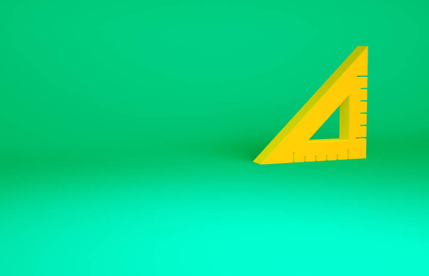 Icono de regla triangular naranja aislado sobre fondo verde. Símbolo de borde recto. Símbolo geométrico. Concepto minimalista. 3D ilustración 3D render. - Foto, Imagen