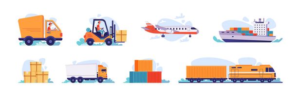 Logística de entrega de transporte, camión y avión - Vector, imagen