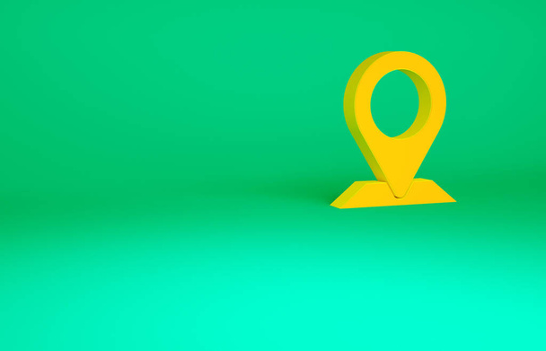 Pomarańczowa ikona pin Map odizolowana na zielonym tle. Nawigacja, wskaźnik, lokalizacja, mapa, GPS, kierunek, miejsce, kompas, koncepcja wyszukiwania. Koncepcja minimalizmu Ilustracja 3D 3D renderowania. - Zdjęcie, obraz