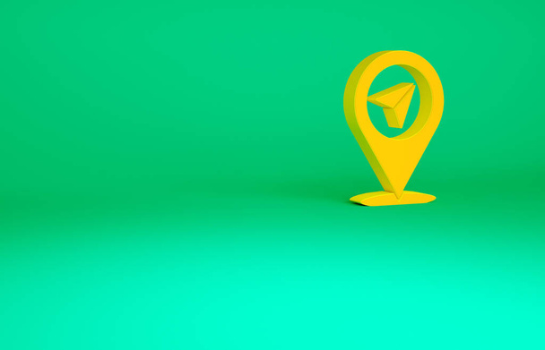 緑の背景に隔離されたオレンジマップピンアイコン。ナビゲーション、ポインタ、位置、地図、 GPS 、方向、場所、コンパス、検索の概念。ミニマリズムのコンセプト3Dイラスト｜3Dレンダリング. - 写真・画像