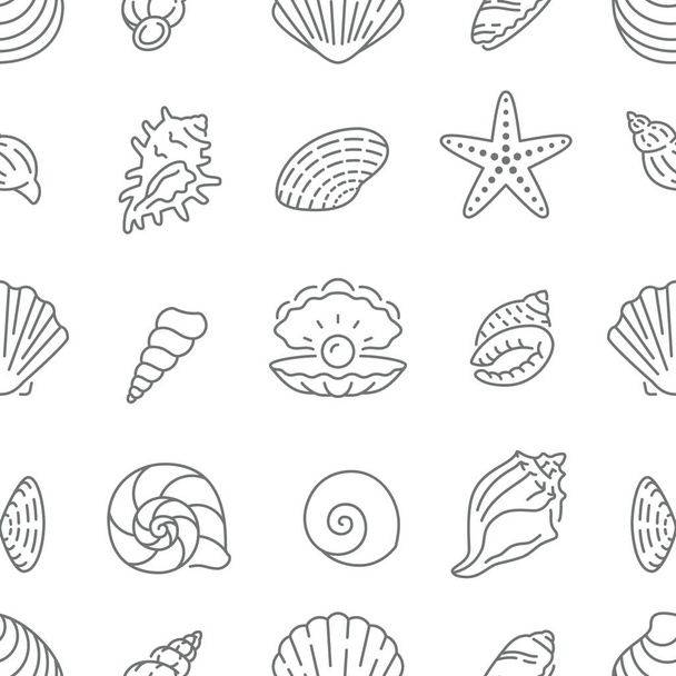 Muschelnahtloses Muster. Vektor-Hintergrund enthalten Zeilensymbole wie Meeresmuscheln, Jakobsmuscheln, Seesterne, Muscheln, Austern, nautische Textur für Stoff. Schwarz-weiße Farbe - Vektor, Bild
