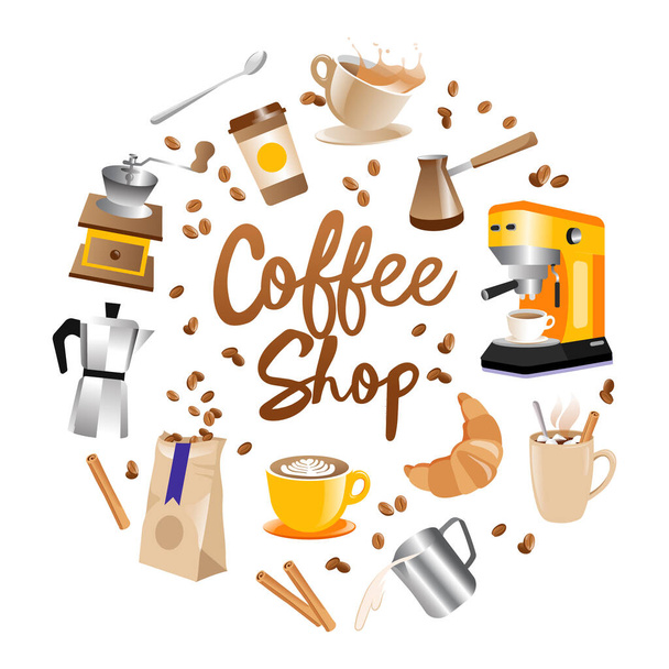 Concept de café. Logo rond Coffee Shop avec lettrage au milieu et grains de café, Crouissant, Moka, icônes cappuchino autour, isolé sur fond blanc. Illustration vectorielle dans un style plat - Vecteur, image