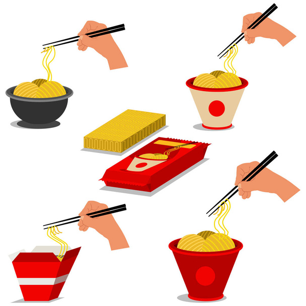 Instantní nudle v baleních, syrové a vařené, vektorové. Cartoon ilustrace ruky drží bambusové hůlky s čínským jídlem. - Vektor, obrázek