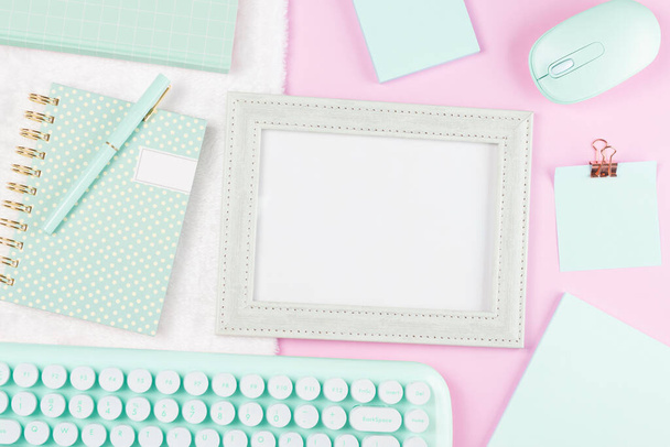 flat lay stationery collocate on work desk in pastel colorful background - Photo, Image