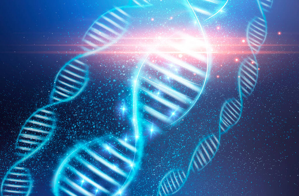 Concepto de código genético. Tres espirales de molécula de ADN sobre fondo azul, ilustración - Foto, imagen