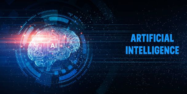 Artificial intelligence concept website banner with brain shape made from circuit dots - Foto, immagini