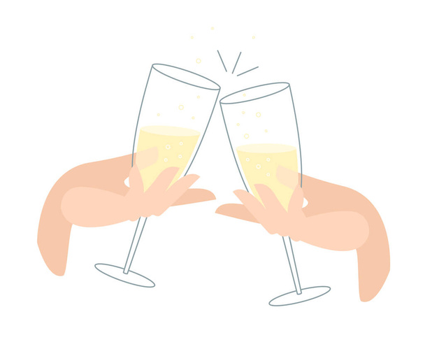 glazen met champagne. Feestmaal met alcoholische dranken. mooie vrouwelijke hand houdt een glas vast. viering met een klinkende bril. vectorillustratie in vlakke stijl. Proost.. - Vector, afbeelding