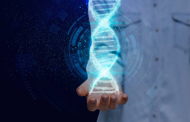 Молодая женщина с блестящей молекулой ДНК в протянутой руке на синем фоне, коллаж с копировальным пространством - Фото, изображение
