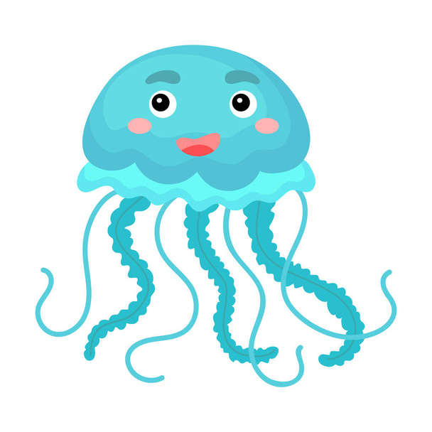 Cute funny blue jellyfish print on white background. Ocean cartoon animal character for design of album, scrapbook, greeting card, invitation, wall decor. Flat colorful vector stock illustration. - Вектор,изображение