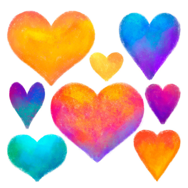 набор текстурированных, нарисованных вручную цветных сердец со смешанными цветами. Эффект цветных карандашей, пастелей. - Фото, изображение