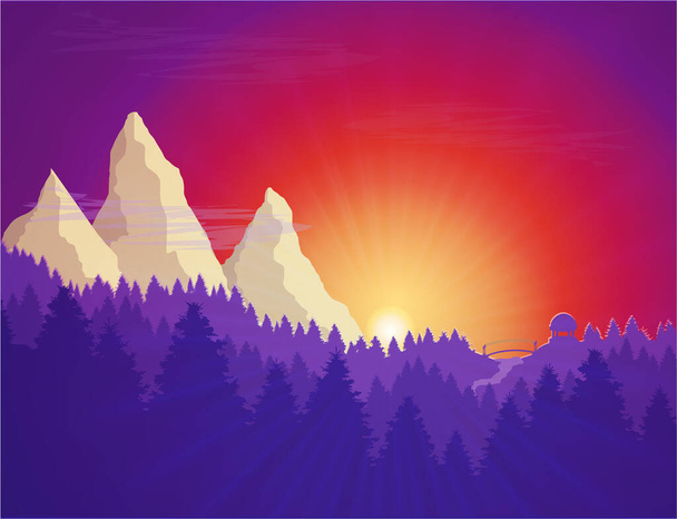 Paisaje de bosque natural plano, con puesta de sol, montañas para tarjeta o historia de viaje - Vector, imagen