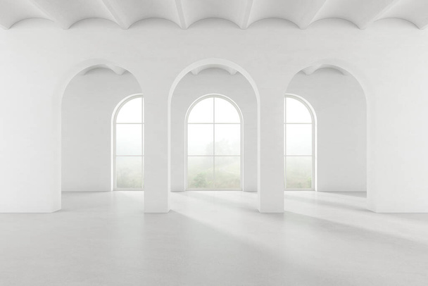 3d render of empty white room with arch door and concrete floor on nature background. - Photo, Image