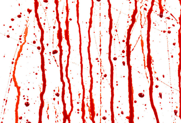 Dripping blood isolated on white background. Flowing red blood splashes, drops and trail - Photo, Image