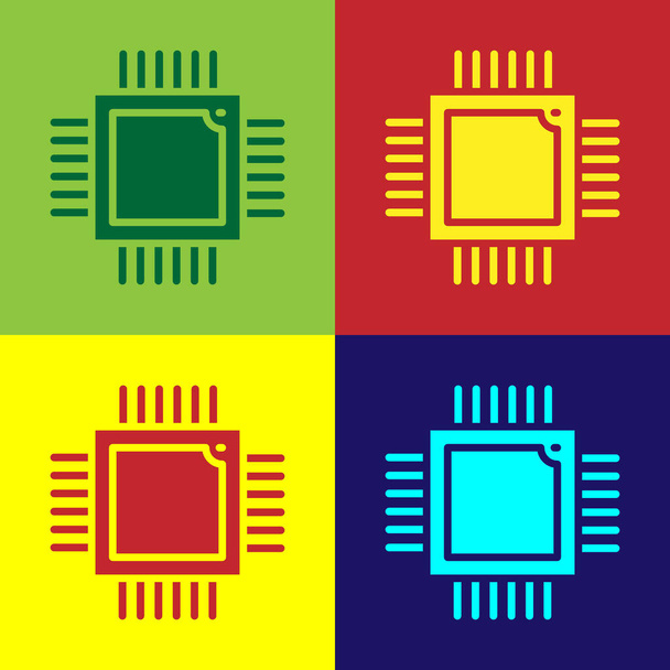 Pop art Procesor komputerowy z mikroukładami ikona CPU izolowane na tle koloru. Chip lub cpu z płytką drukowaną. Mikroprocesor. Wektor. - Wektor, obraz
