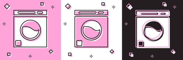 ピンクと白、黒の背景にワッシャーアイコンをセットします。洗濯機のアイコン。洗濯機-洗濯機。家電製品のシンボル。ベクトル. - ベクター画像
