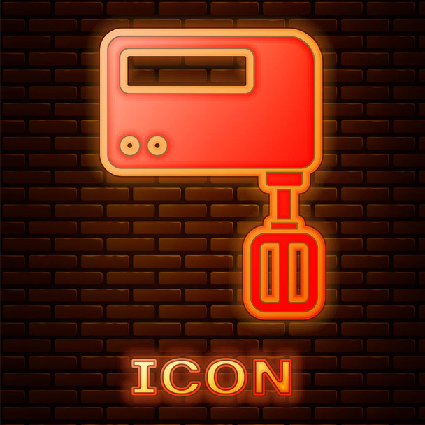 Icona luminosa al neon miscelatore elettrico isolato su sfondo muro di mattoni. Frullatore da cucina. Vettore. - Vettoriali, immagini