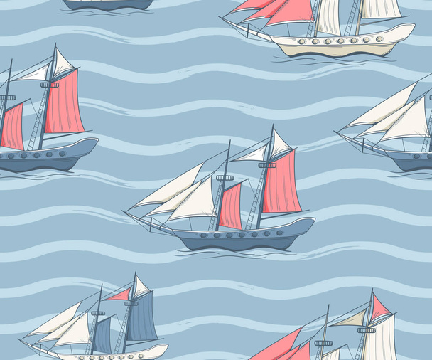 Seamless pattern with sailing yachts, lighthouses and seagulls. Striped seamless nautical pattern - Vektör, Görsel