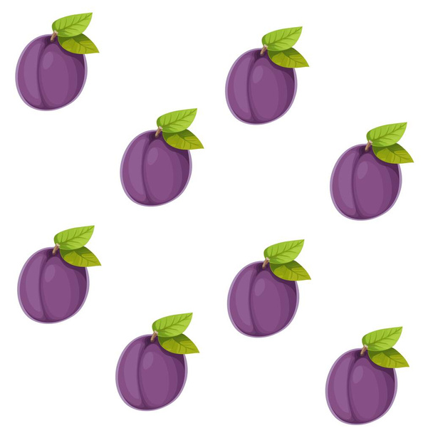 Patrón sin costuras de ciruela púrpura con hojas sobre fondo blanco - Vector, imagen