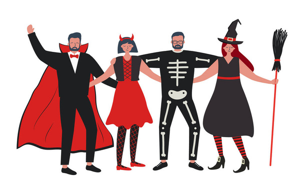 Halloween feestje. Jongeren in Halloween kostuums staan samen en knuffelen. Er is een vampier, heks, imp en skelet op de foto. Vectorillustratie - Vector, afbeelding