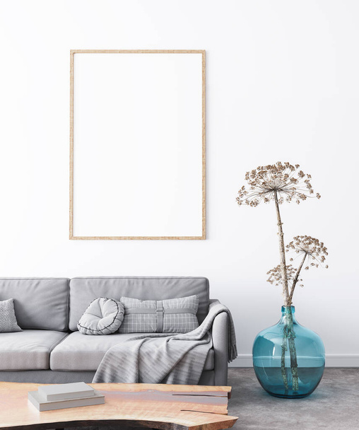 Moldura mockup em design de sala de estar interior. Cartaz vertical sobre fundo branco. sofá cinza moderno com xadrez, vaso azul e mesa de madeira natural. Estilo escandinavo, renderização 3d - Foto, Imagem