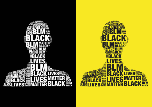 Černá živá hmota, lidská mužská silueta se slovy, blm, typografická vektorová ilustrace - Vektor, obrázek