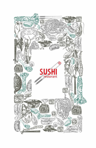 Sketch of Japanese and Chinese cuisine, rolls, sushi, colorful banners. Design templates with hand-drawn seafood, lobsters, mussels, sushi, rolls, Chinese food, Japanese food. A linear pattern. High detail. - Fotografie, Obrázek