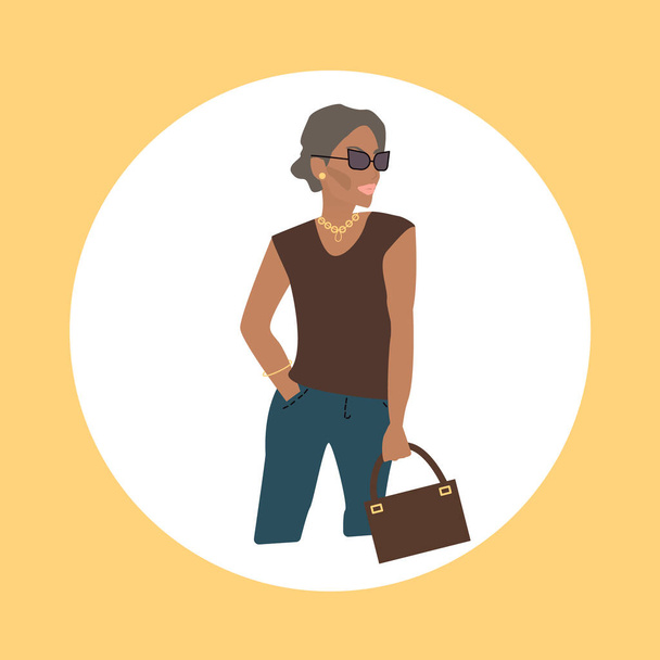 A woman poses in glasses, jeans, with a bag, gold beads. Vector illustration of a woman in a fashionable image. Advertising glasses and costume jewelry - Вектор, зображення