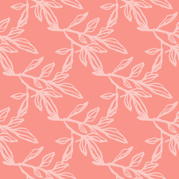 Minimalistic floral outline branch seamless pattern. Pink soft background with white contoured foliage. Great for wallpaper, textile, wrapping paper, fabric print. Vector illustration. - Vector, imagen