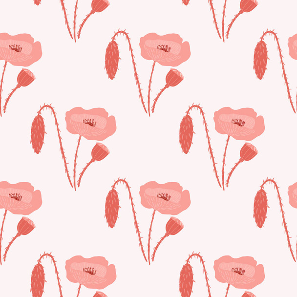 淡い赤ケシの花とシンプルなシームレスドアパターン。スタイリッシュなボタニックシルエットのライトグレーの背景。壁紙、繊維、包装紙、生地の印刷のための素晴らしい。ベクターイラスト. - ベクター画像