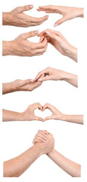 Múltiples imágenes de fondo blanco aislado de manos caucásicas femeninas y masculinas mostrando gestos articulares. Collage de manos hombre y mujer - Foto, Imagen