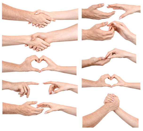 Múltiples imágenes de fondo blanco aislado de manos caucásicas femeninas y masculinas mostrando gestos articulares. Collage de manos hombre y mujer - Foto, imagen